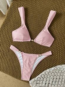 Swim Mod Solid Color Fabric Pearl Accessory Linked, Elegant Sexy Women's Swimwear Set Beach Party Pink Summer - Pink - View 6