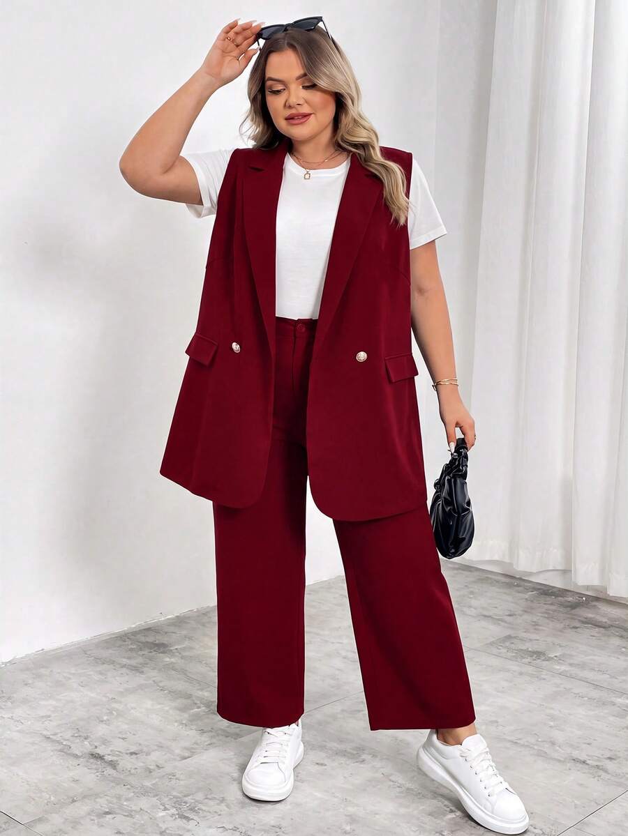 SHEIN CURVE+ 大尺碼翻領雙排扣背心西裝外套 工作服 畢業季返校穿搭 - 酒紅色 - 查看 1