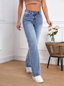 SHEIN Tall 休閒水洗不對稱腰頭直筒牛仔褲，適合高個女性 - 藍色 - 查看 6