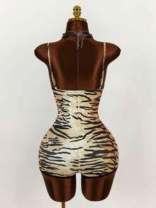 Bumpella Vintage Wild Lace Hem Slit Animal Print Plunging Neckline Bodycon Jumpsuit For Women, Summer - Brown - View 4