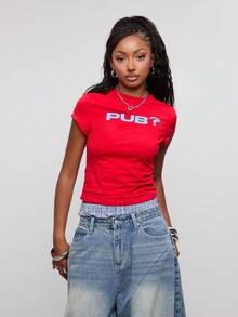 COUREZ Short Sleeve Slogan Print Baby Tee / Y2K Graphic Tee Print Tee Fall Winter Outfits Cute Tops Crop Top Short Sleeve Tops For Women Going Out Tops - Red - View 8