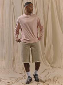 Musero Men Oversized Crewneck Long Sleeve Basic Plain T-Shirt Capsule Wardrobe Layering Spring&Summer - Baby Pink - View 5