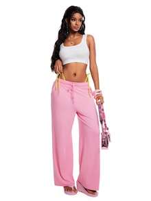 Zyxie LOONEY TUNES X SHEIN Women's Solid Color Drawstring Waist Casual Versatile Wide Leg Pants For Daily Wear - Pink - View 4