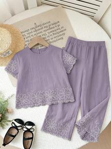 LMoss Kids 女童圓領花卉刺繡圖案短袖上衣與長褲套裝 - 紫色 - 查看 6