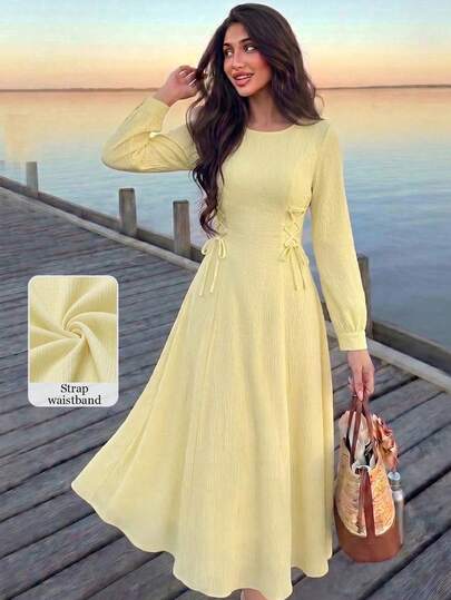 Modelyn Yellow Elegant Women's Lantern Sleeve Solid Color Dress, Textured Fabric Side Cross Tie Waist Flared Midi Dress Autumn