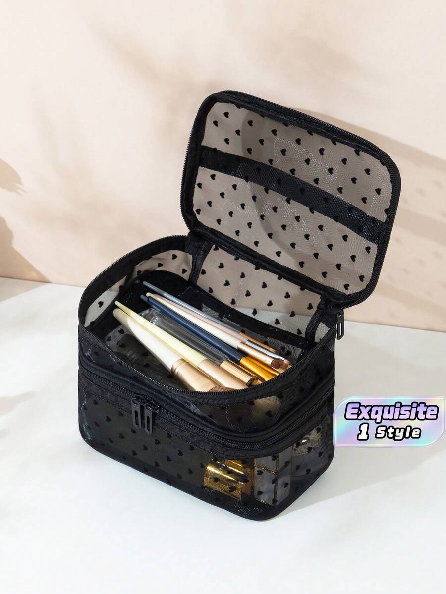 1 Leopard Print Black Mesh Double-Layer Cosmetic Bag, Portable, Double-Layer Large Capacity, Can Store Cosmetics And Makeup Tools, Suitable For Home And Out, Is The Ideal Choice For Women At Home. - Black - View 1