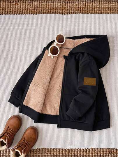Kids Young Boy Autumn/Winter Casual Fleece Lined Black Jacket Coat Boys Jacket
