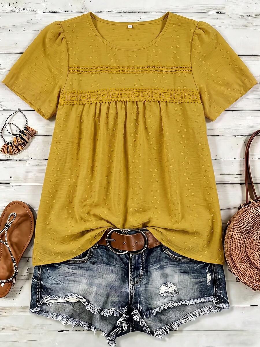 Breezaya Solid Color Round Neck Summer Loose Pleated Casual Short Sleeve Shirt - Yellow - View 1