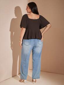 SHEIN BAE CURVE 大尺碼女款棕色荷葉袖不對稱下擺上衣 - 棕色 - 查看 2