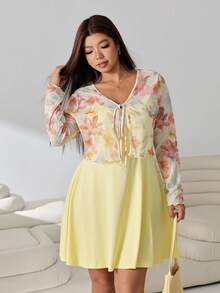 Solflare Conjunto de 2 piezas para mujer talla grande, vestido camisola de color liso y cárdigan con estampado floral, estilo casual, elegante, lindo y de hada, para uso diario y vacaciones, blanco y amarillo mantequilla, otoño - Multicolor - Ver 7