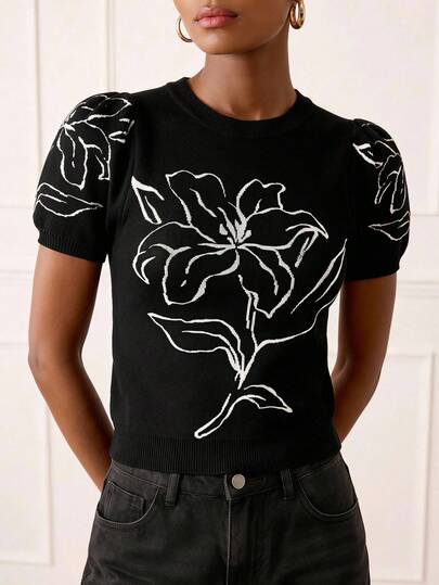 Lilora Women's Elegant Floral Sweater Top, High-End Fashion Versatile Elegant Top, Suitable For Commuting, Daily Casual, Outing, Gathering, Dating, Party, Leisure, Outing, Holiday, Vacation, Summer, Holiday Travel