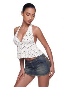 SHEIN ICON 夏季女士外出性感假日波点印花荷叶边吊带背心 - 白色 - 查看 13