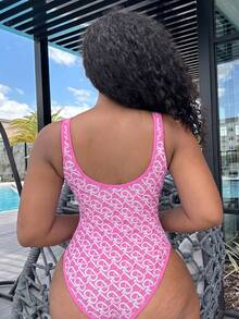Alexandranx 夏季 1 件裝女款時尚鏈條印花無袖連身泳衣 粉色 - 粉色 - 查看 2
