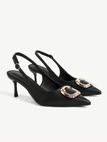 CUCCOO CHICEST Sepatu Hak Tinggi Wanita Model Baru Musim Semi dan Musim Panas dengan Gesper Persegi Logam, Tali Belakang, Sandal Hitam Elegan, Modis untuk Pesta dan Perjalanan. - Hitam - View 1