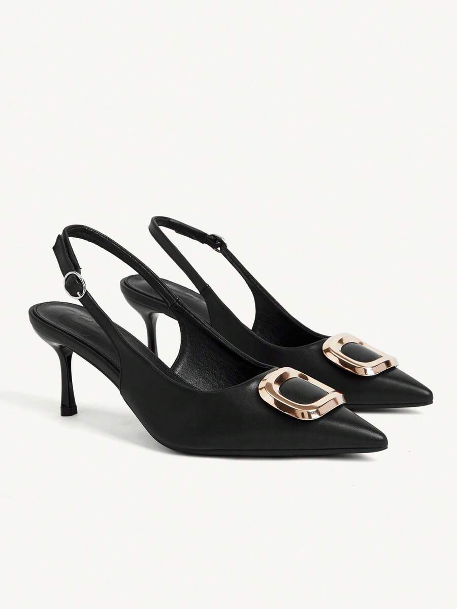 CUCCOO CHICEST Sepatu Hak Tinggi Wanita Model Baru Musim Semi dan Musim Panas dengan Gesper Persegi Logam, Tali Belakang, Sandal Hitam Elegan, Modis untuk Pesta dan Perjalanan. - Hitam - View 1