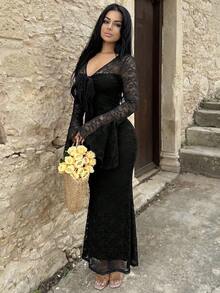 Vassilux V-Neck Flare Sleeve Front Tie Waist Flounce Flocked Apricot Bodycon Dress Black - Black - View 6