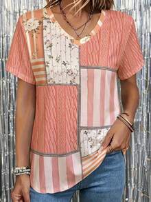 EMERY ROSE Camiseta de talla grande con diseño de patchwork, estampado floral a rayas y manga corta - Multicolor - Ver 1