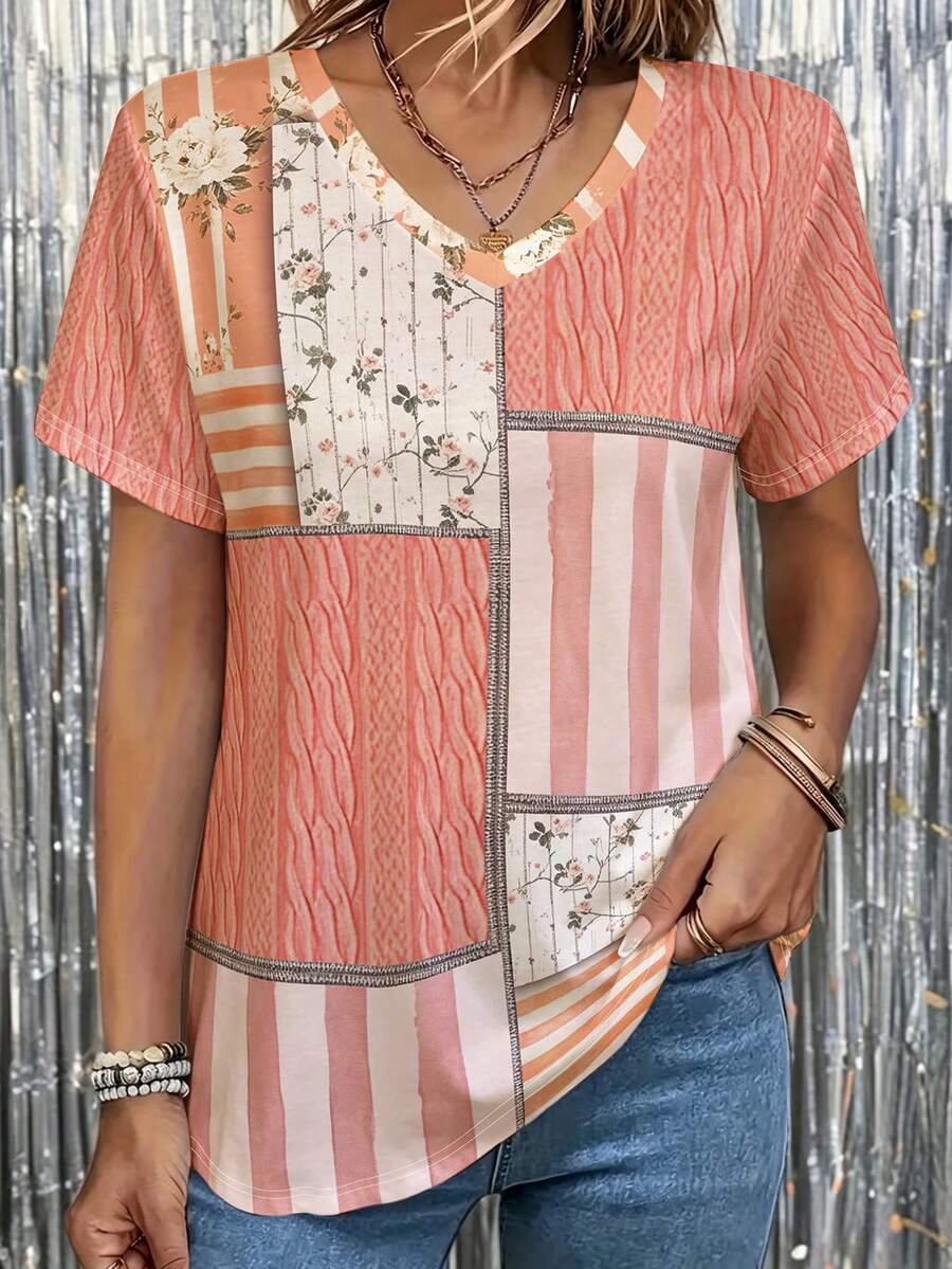 EMERY ROSE Camiseta de talla grande con diseño de patchwork, estampado floral a rayas y manga corta - Multicolor - Ver 1
