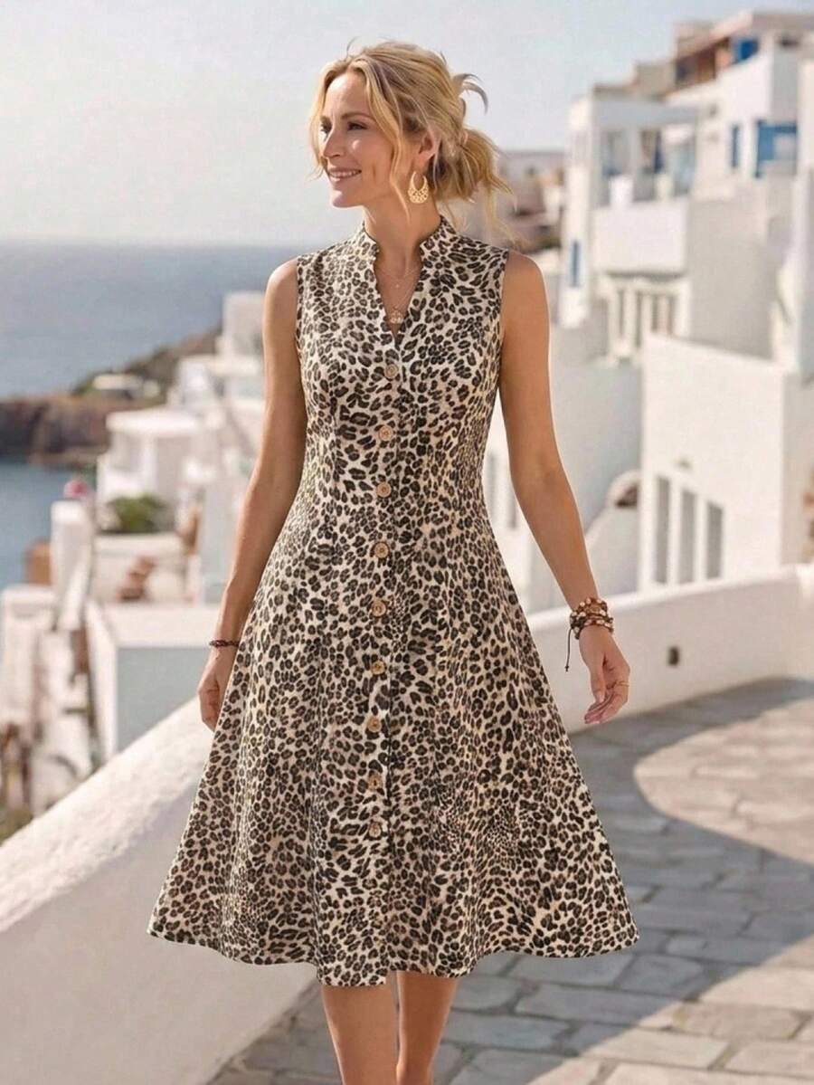 Faunlyn Women's Summer Geometric Pattern Print Round Neck Short-Sleeve Dress