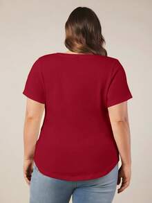 SHEIN BASICS 大尺碼純色V領T恤夏季上衣 - 酒紅色 - 查看 2