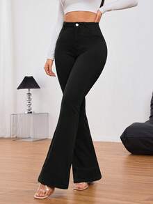 SHEIN Tall 女款純色高腰喇叭褲腿優雅時尚牛仔褲，黑色牛仔褲，秋季，女款秋季服飾，適合高個子女性 - 黑色 - 查看 6