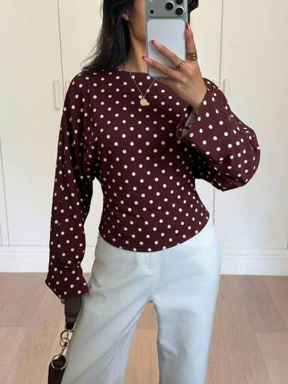 Siren Gaze Women's Casual Elegant Long Sleeve T-Shirt, Women's Autumn Clothing, Polka Dot Top, Street Style, Suitable For Daily Commute, Date, Party, Autumn/Winter, Summer, Christmas, New Year, Thanksgiving, Party, Wedding, Beach, Graduation Ceremony, Elegant, Casual, Outing