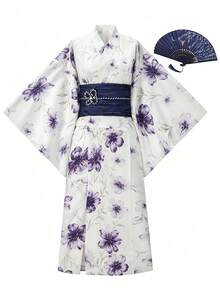 Irokai 日式女款傳統花卉印花和服浴衣 - 紫羅蘭色 - 查看 7