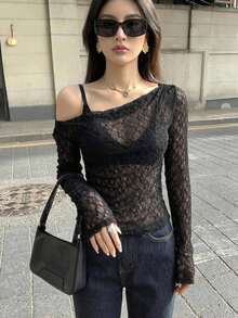 Dazy Tall Women's Asymmetric Shoulder Long Sleeve Textured Semi-Sheer Casual Top Fall - Black - View 13