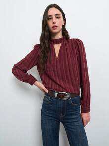 Nöista Burgundy Plaid Blouse With Mock Neck, Keyhole Detail And Long Sleeves. Elegant Design For Office Wear, Day-To-Night Outfits - Burgundy - View 2