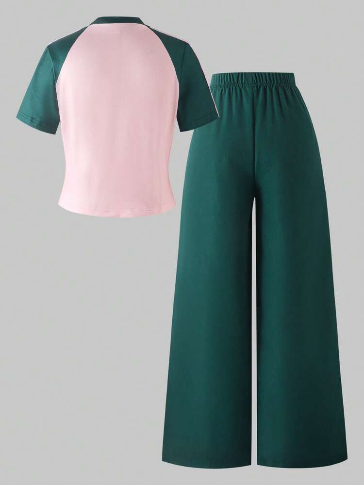 SHEIN 2pcs/Set Teen Short Sleeve & Long Pants Set, Pink Bow Ribbon, Suitable For Spring/Summer, Sports & Commute - Dark Green - View 2