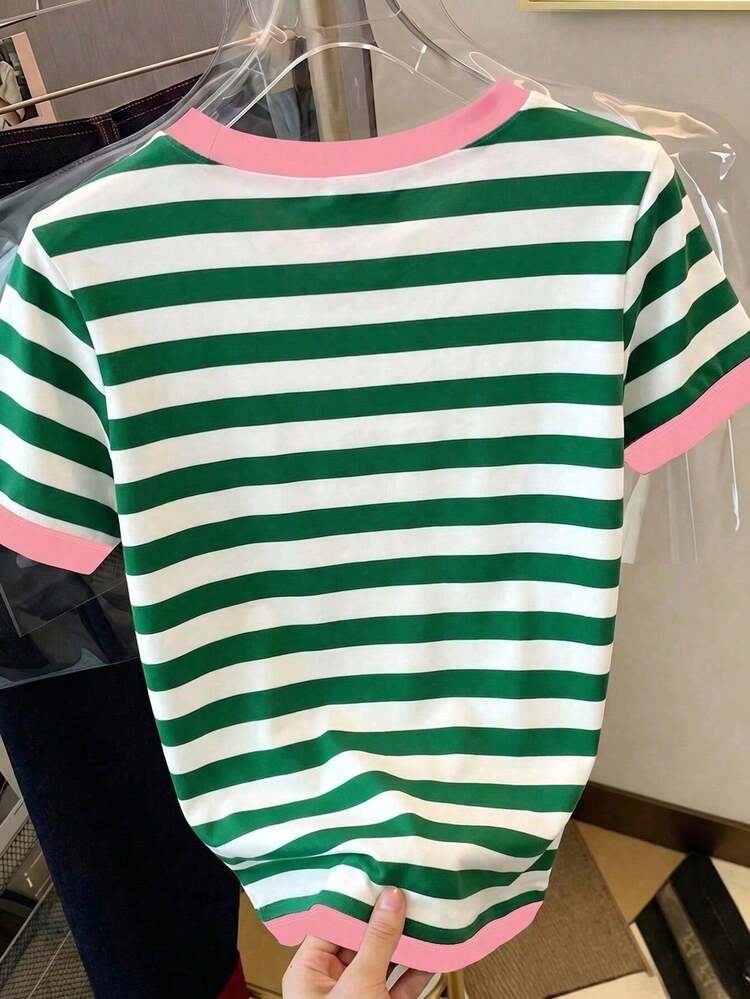 DrmWander Green White Stripe Pink Trim Graphic Tee, Women Orange Cocktail Print Casual Short Sleeve T-Shirt - Multicolor - View 2