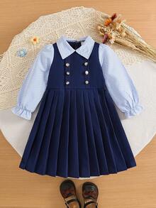 SHEIN 1件女童 2合1 藍白條紋拼接 海軍藍領泡泡袖長袖百褶 A字收腰傘裙，休閒復古學院風韓式時尚洋裝，適合春/秋日常穿著、旅行、度假、派對等場合 - 彩色 - 查看 4