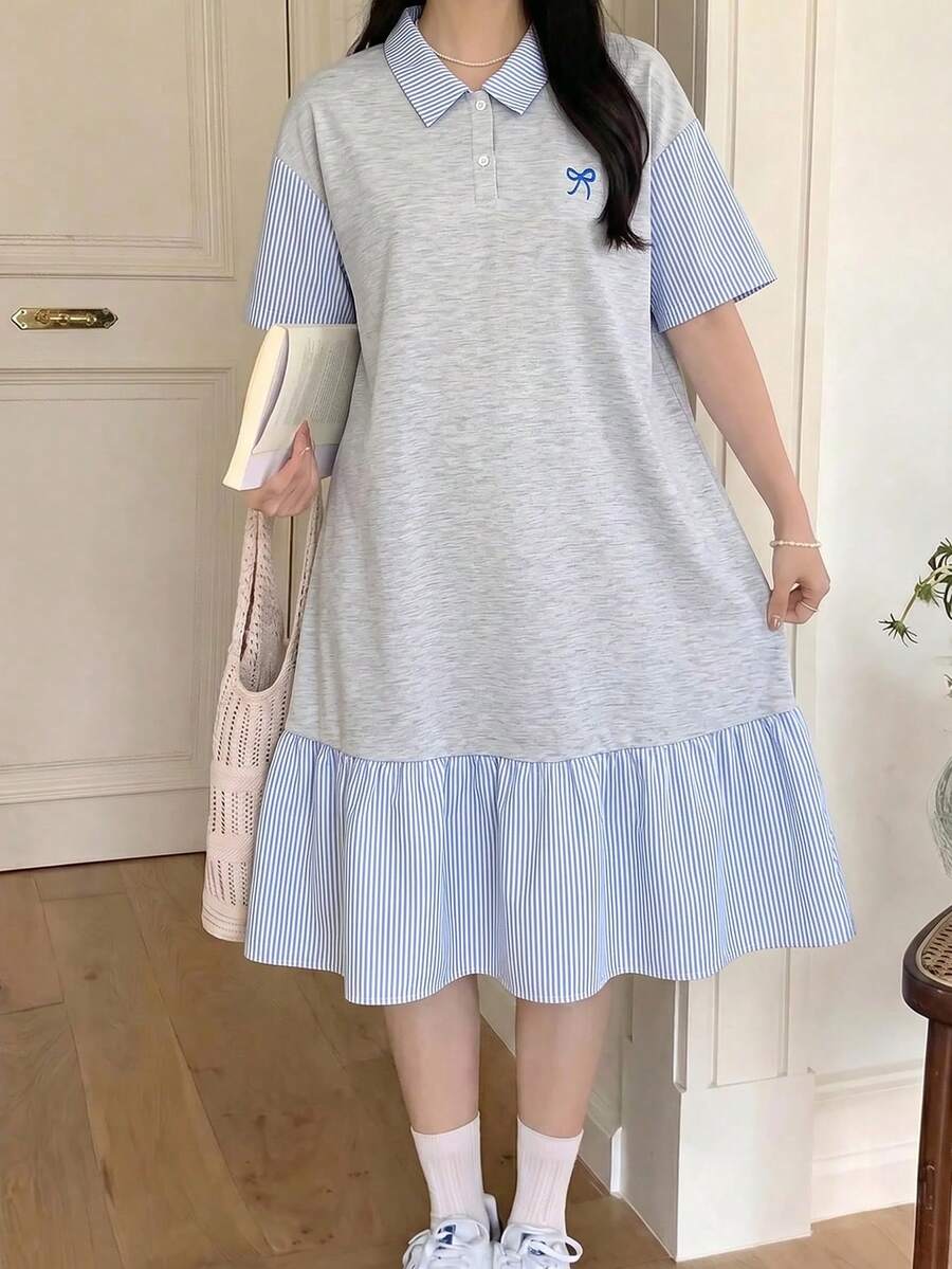 Teen Girl Polo Collar Striped Embroidered Pattern Short Sleeve Mid-Length Dress, Suitable For Teenage Girls, Contrast Color Ruffle Collar Petal Sleeve Printed Dress, Suitable For School, Outdoor Activities, Shopping, Button Dress - Multicolor - View 1