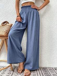 Breezaya Vacation Casual Versatile Solid Color Wide Leg Long Pants - Blue - View 7