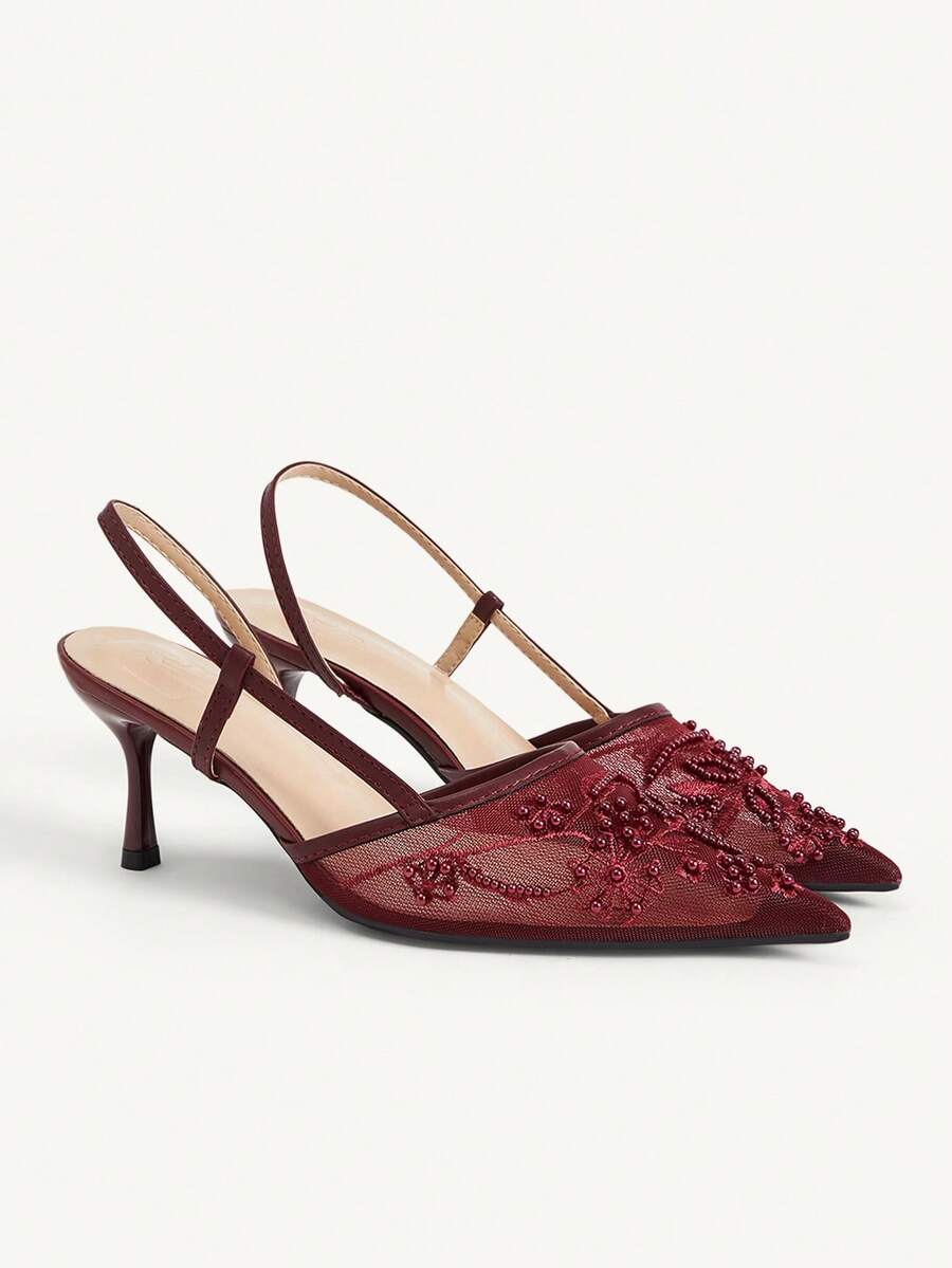 CUCCOO CHICEST Women Shoes Spring And Summer New Models, Mesh Embroidered Backspace Sandals, Pointed Toes, Stiletto High Heels, Retro Light And Mature Style, Commute - Burgundy - View 1