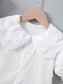 SHEIN 1件女童夏季白色甜美蕾絲雙層彼得潘領泡泡短袖襯衫，適合日常穿著、外出、約會、野餐、購物 - 白色 - 查看 8