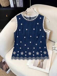 GlowEve 女款刺繡對比蕾絲圓領無袖牛仔上衣 - 藍色 - 查看 8