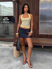 SHEIN BAE Contrast Color Striped Halter Neck Cropped Slim Fit Sexy Women's Sweater - Butter Yellow - View 5