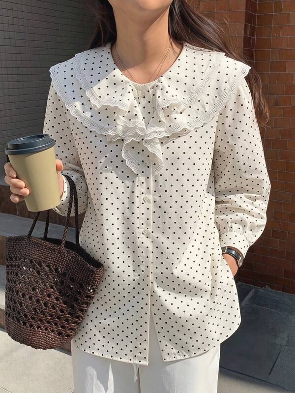SHEIN Girls Long Sleeve Polka Dot Petal Collar Blouse With Lace Trim, Casual Versatile Back To School, Vacation, Travel, Birthday Party Gift, Spring/Autumn