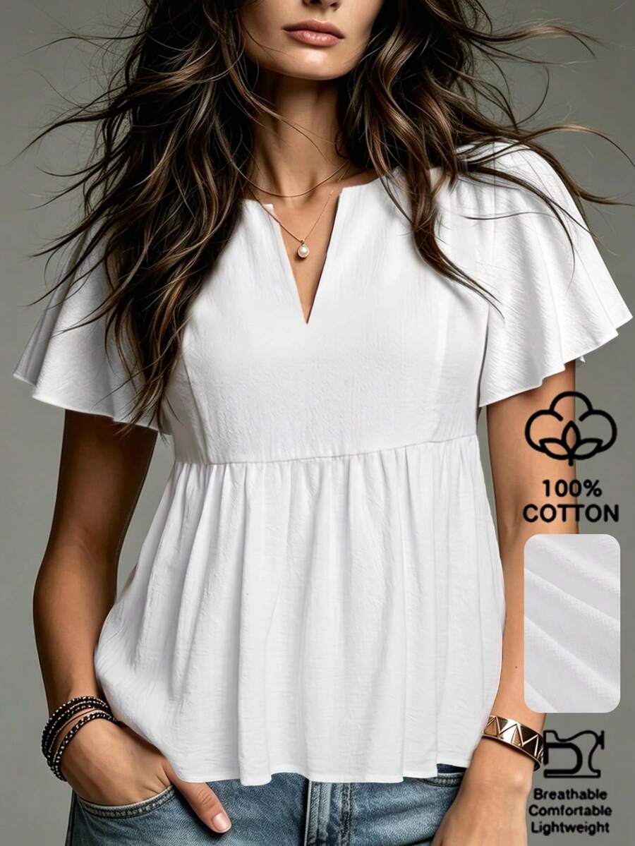 SHEIN LUNE 女款夏季純色V領百搭寬鬆休閒度假襯衫 白色 - 白色 - 查看 1