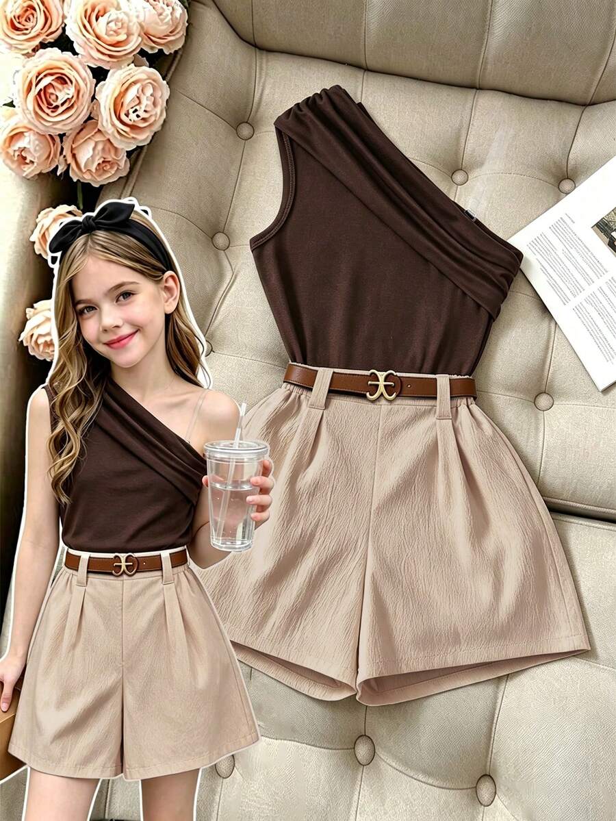 SHEIN Tween Girls 2pcs/Set 1 Mini Set Tween Girls Spring/Summer New Fashion Old Money Style Versatile Asymmetrical Shoulder Tank Top & Shorts Set, Back - Brown - View 1