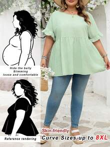 SHEIN CURVE+ Curve Size US22 音樂節、海邊度假、波希米亞 CURVE PLUS / / 女款格紋印花襯衫，適合春夏波希米亞風度假，休閒娃娃風襯衫 - 綠色 - 查看 2