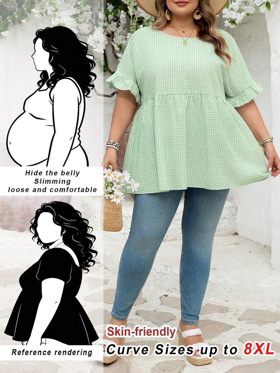 SHEIN CURVE+ Curve Size US22 音樂節、海邊度假、波希米亞 CURVE PLUS / / 女款格紋印花襯衫，適合春夏波希米亞風度假，休閒娃娃風襯衫