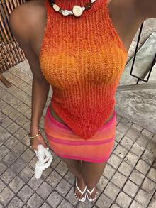 Soleia New Holiday Casual Beach Sunset Gradient Color Knit Top, Beach Vacation, Road Trip City Holiday, Date Afternoon Tea, No Bra Pads - Multicolor - View 2
