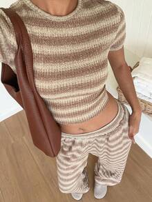 SHEIN EZwear 女款棕色條紋針織休閒套裝 - 咖啡棕 - 查看 4