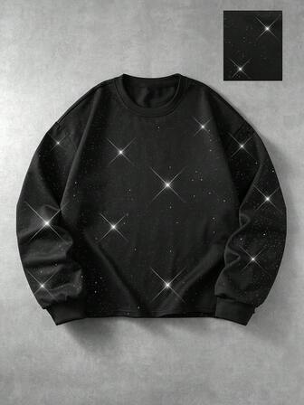 Herren T-Shirt mit Rundhalsausschnitt, lockerem Schnitt, langen Ärmeln und vollständiger Strass-Verzierung