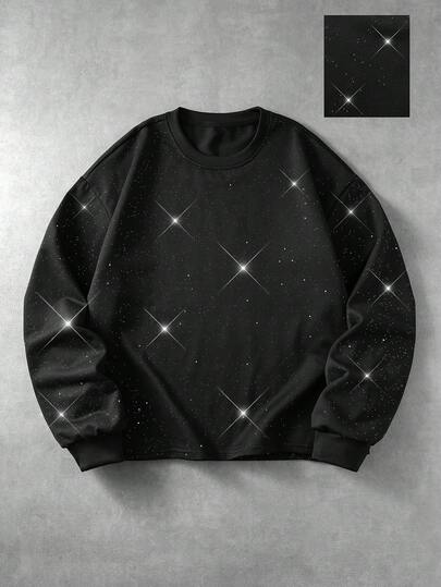 Camiseta de manga larga con cuello redondo y ajuste holgado con pedrería completa para hombre
