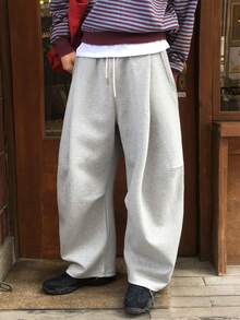 DAZY Spring/Autumn Small Loop Knit Sweatshirt Fabric Grey Knee Pleated Curved Leg Loose Waistband Drawstring Relaxed Fit Men's Pants - Grey - View 3