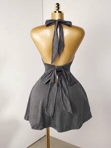 Mistrie Black Tight-Fitting Romper With Deep V-Neck, Backless Strap - Dark Grey - View 2