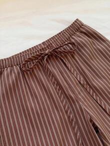 SHEIN EZwear 秋季新款女式休閒極簡棕色條紋腰綁帶直筒長褲，適合秋季，秋季長褲，適合日常通勤、聚會、秋冬/夏季、聖誕節、新年、感恩節、派對、婚禮、海灘、畢業典禮、優雅、外出、約會、通勤、情人節、優雅、度假、Y2K、畢業典禮 - 彩色 - 查看 3